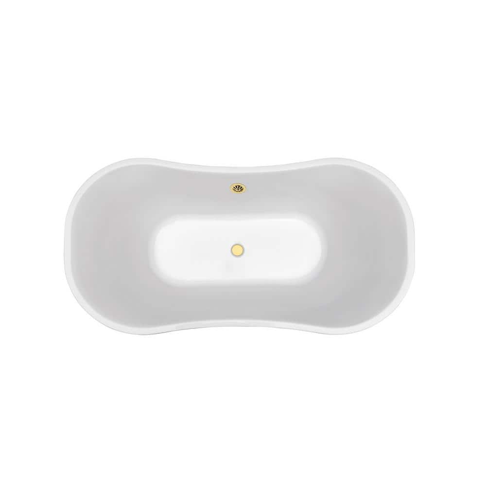 60" Glossy White Freestanding Acrylic Bathtub with Polished Gold Drain
