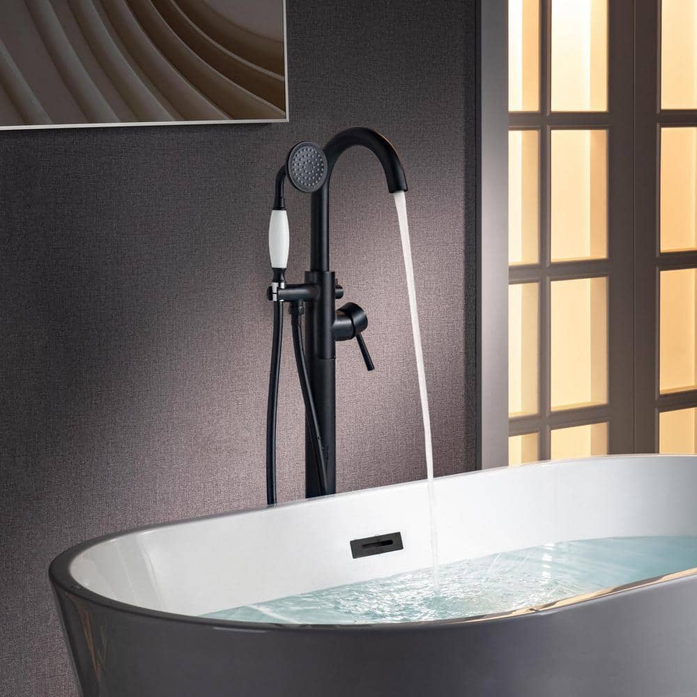 Matte Black Single Handle Floor Mounted Tub Faucet with Hand Shower