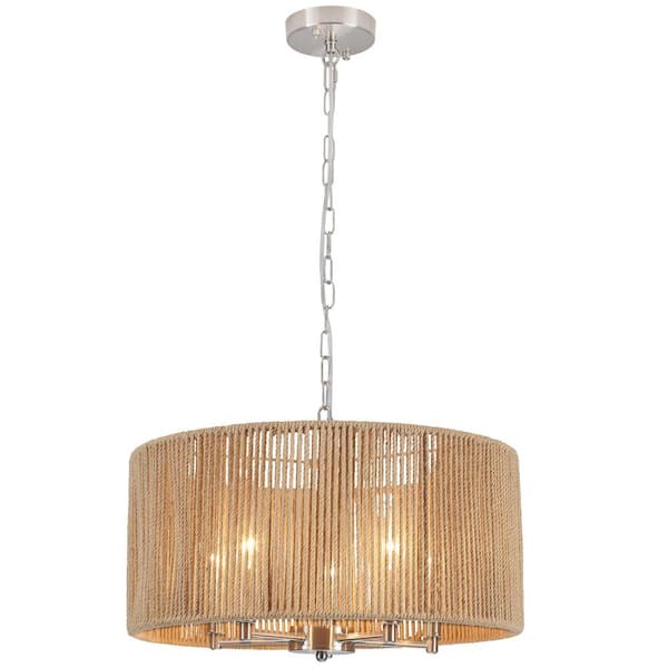 19.2 in. 5-Light Sliver Nickerl Natural Design Drum Chandelier with Hand Made Rattan Shade and No Bulbs Included