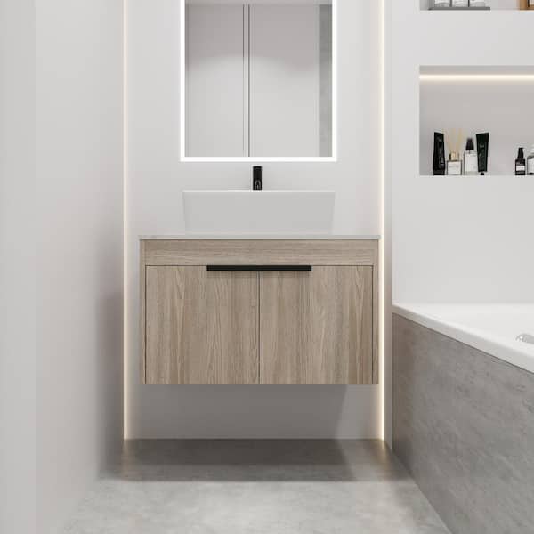 Unbranded 30 in. W x 19 in. D x 24 in. H Single Sink Floating Bath Vanity in White Oak with White Ceramic Top