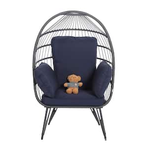37 in. W Egg Chair Wicker Outdoor Indoor Oversized Large Lounger with Navy Blue Stand Cushion