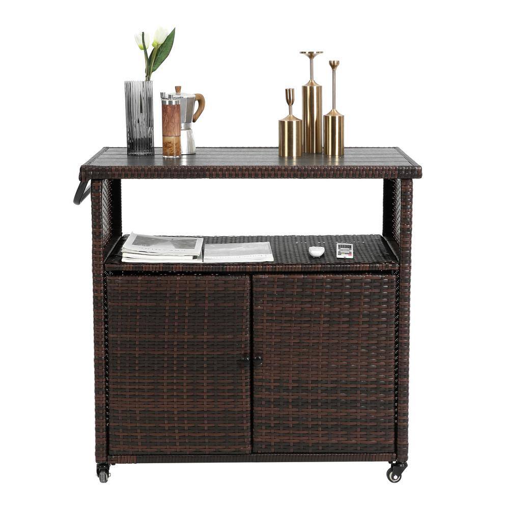 Brown Wicker Outdoor Bar Cart, Patio Rolling Wine Serving Cart with Wheels 