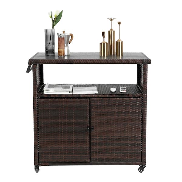 Unbranded Brown Wicker Outdoor Bar Cart, Patio Rolling Wine Serving Cart with Wheels for Porch Backyard Garden Poolside Party