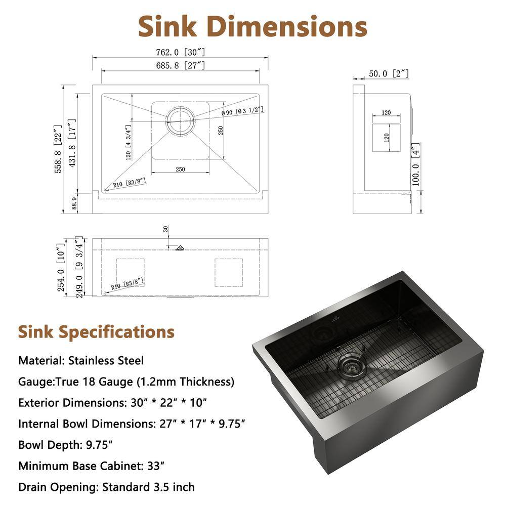 30" Black Stainless Steel Single Bowl Farmhouse Kitchen Sink