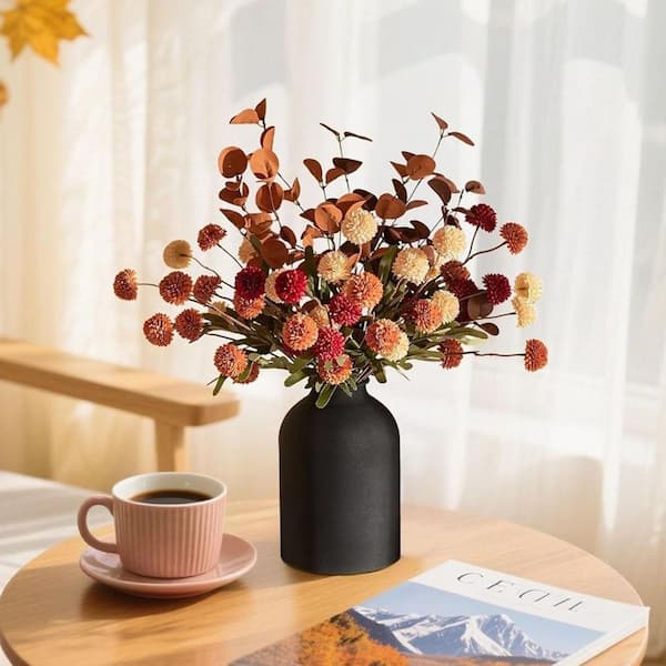 20 in. Orange Artificial Chrysanthemum 12 Stems of Fake Mums Kiku Flowers Eucalyptuses in Metal Vase