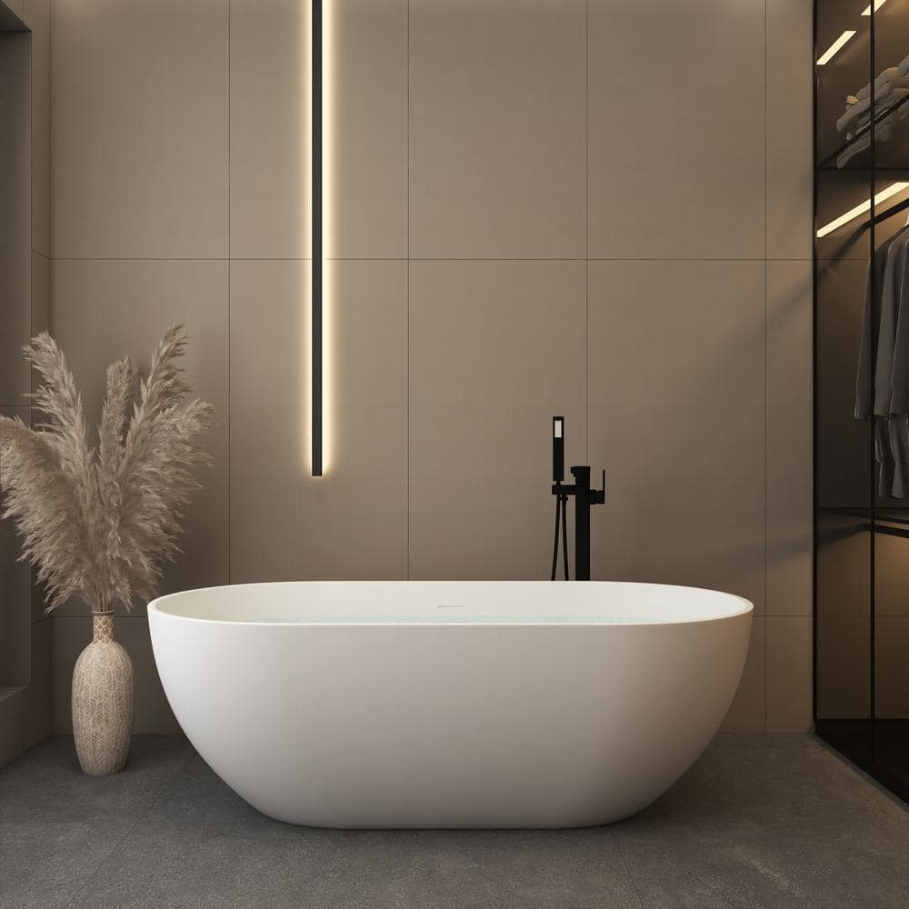 63 in. x 30 in. Stone Resin Freestanding Soaking Bathtub with Center Drain 