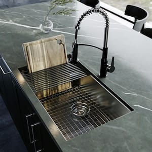 Fusion 31 in. Undermount Workstation 18-Gauge Single Bowl Stainless Steel Kitchen Sink with Grid, Board, Mat, Strainer