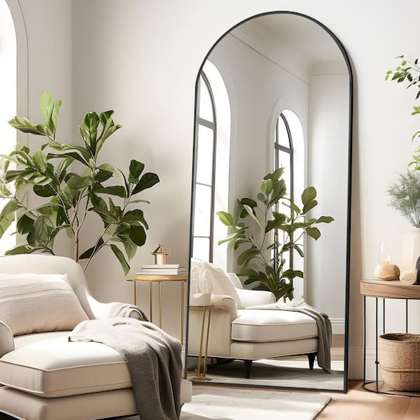 Black 31 in. W x 70 in. H Right Angled Arched Aluminum Alloy Thin Edge Full Length Mirror (with Bracket)