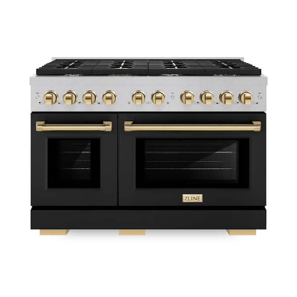 Autograph 48 in. Paramount Double Oven Dual Fuel Range with 8 Burners in Satin Steel with Black Doors and Gold Accents