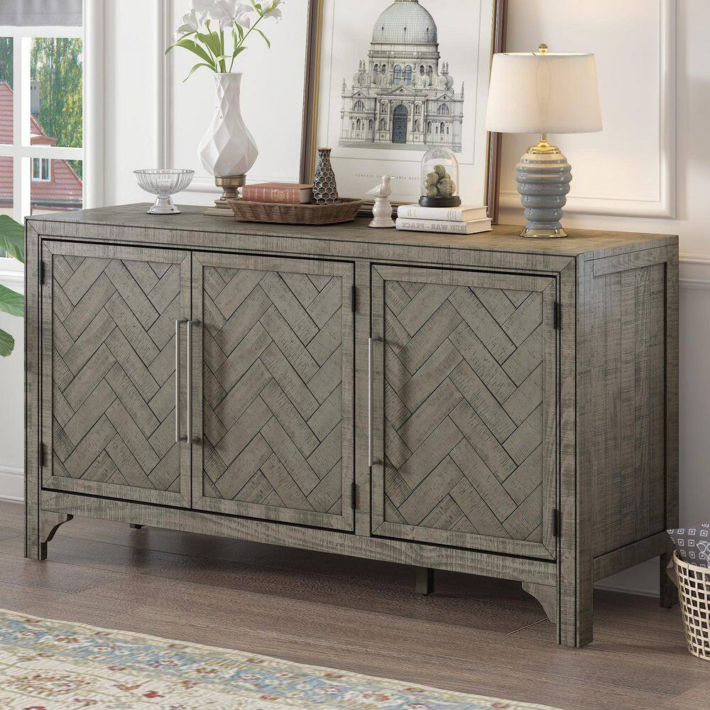 Gray MDF Buffet Storage Cabinet with Pine Veneer Adjustable Shelves and Three-Door Design for Living Room Entryway