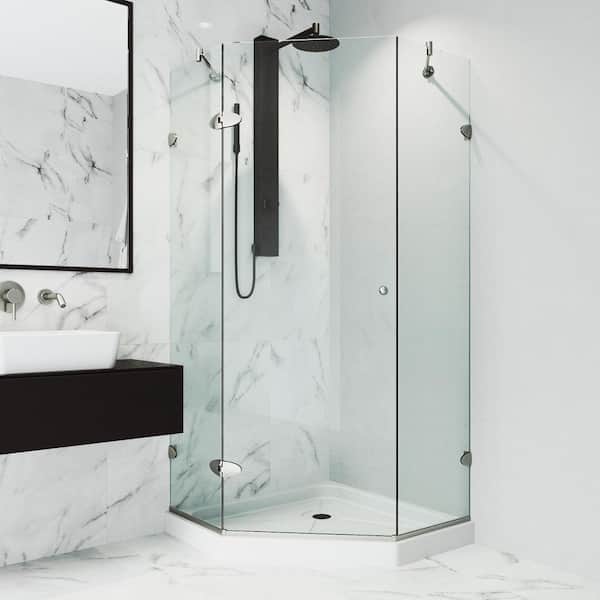 VIGO Verona 40 in. L x 40 in. W x 77 in. H Frameless Pivot Neo-angle Shower Enclosure Kit in Brushed Nickel with Clear Glass