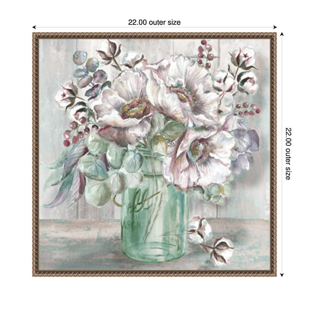 Blush Poppies and Eucalyptus in Mason Jar Canvas Print with Bronze Frame