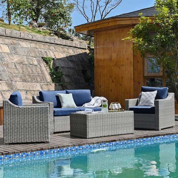 EGEIROSLIFE 4-Piece Wicker Patio Conversation Set with Blue Cushions