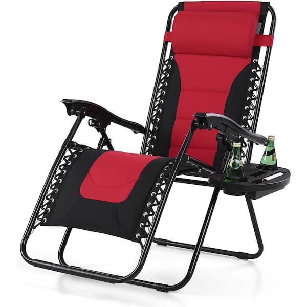 Unbranded Padded Zero Gravity Foldable Metal Outdoor Lounge Recliner Chair with Pillow and Cup Holder in Red