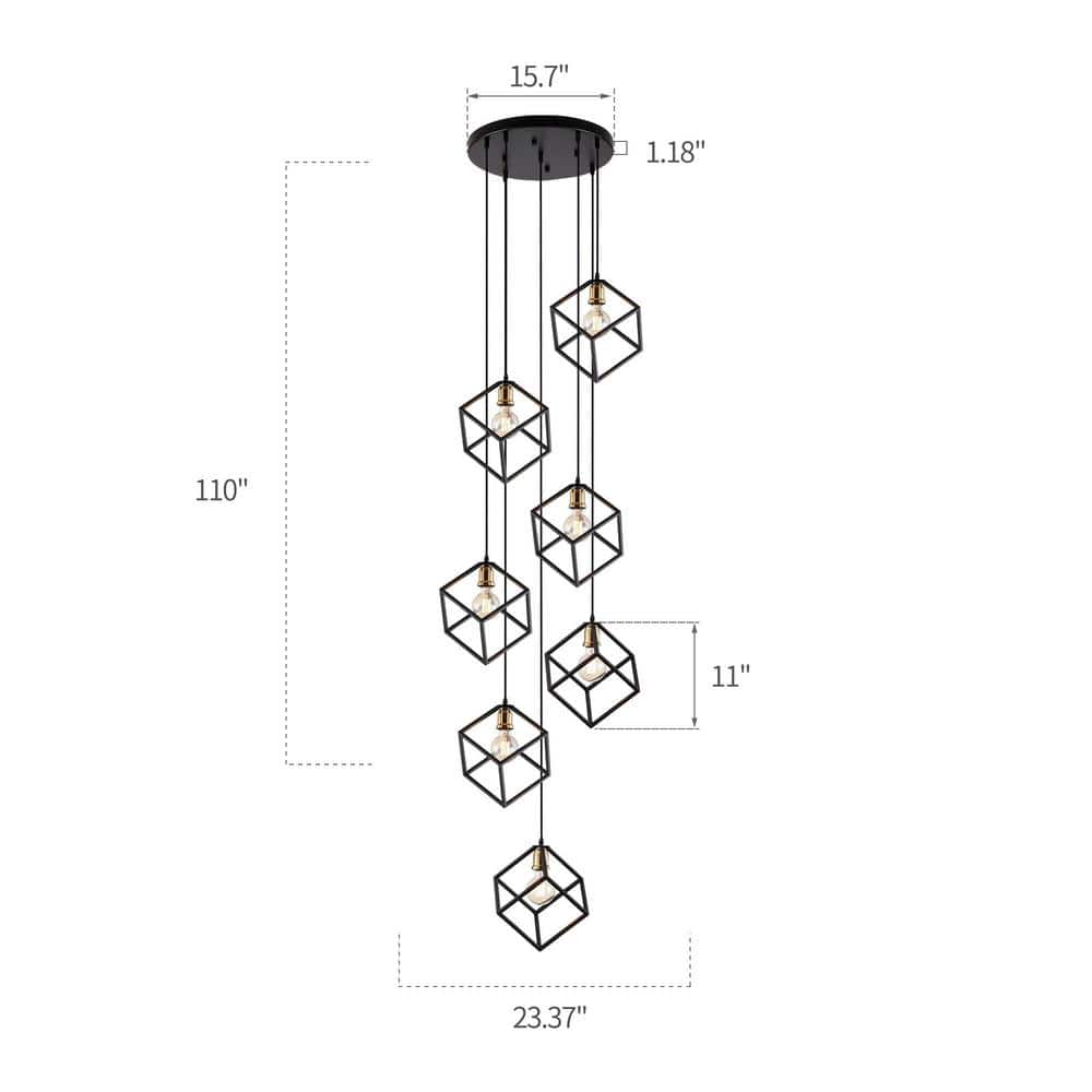 Black Geometric Cage 7-Light Cluster Stairway Chandelier