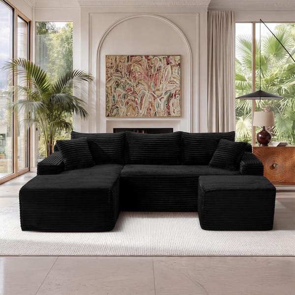 Willa 94.5 in. Square Arms 3-Piece Corduroy Modular Compressed Sectional Sofa in Black with Ottoman, Left Arm Chaise