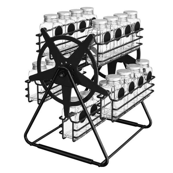 Black Metal Countertop Mount Rotating Spice Rack with Spice Jars and Labels for Kitchen Cabinet Seasoning Storage