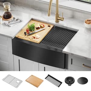 Kore 16 Gauge Black Stainless Steel 27 in. Single Bowl Farmhouse Apron Workstation Kitchen Sink with Accessories