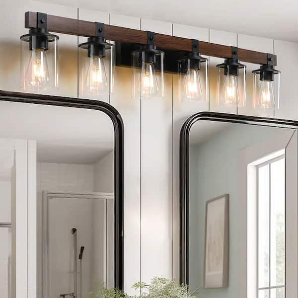 42 in. 6-Light Rustic Retro Brown Vanity Light with Clear Glass Shade