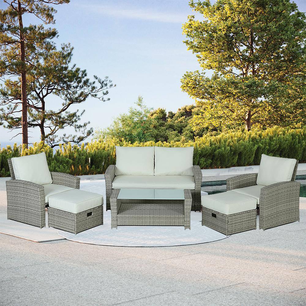 6-Piece Gray Wicker Outdoor Sectional Sofa with Beige Cushion, Glass Table 