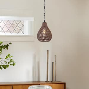Collision 1-Light Black/Brown Lantern Island Chandelier with Rope Shade