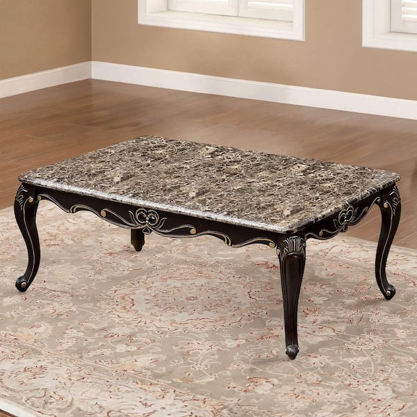 Furniture of America Katie 48 in. Dark Walnut Rectangle Marble Coffee Table with Cabriole Legs and Gold Highlights