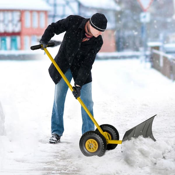 AUTMOON 15.75 in. Rubber Angle-Adjustable Handle Steel Snow Shovel Rolling Pusher with Wheels, Yellow