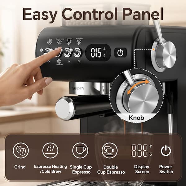 2-Cup Black Stainless Steel Semi-Automatic Espresso Machine with Built-In Grinder, 20-Bar Extraction, NTC Temp Control