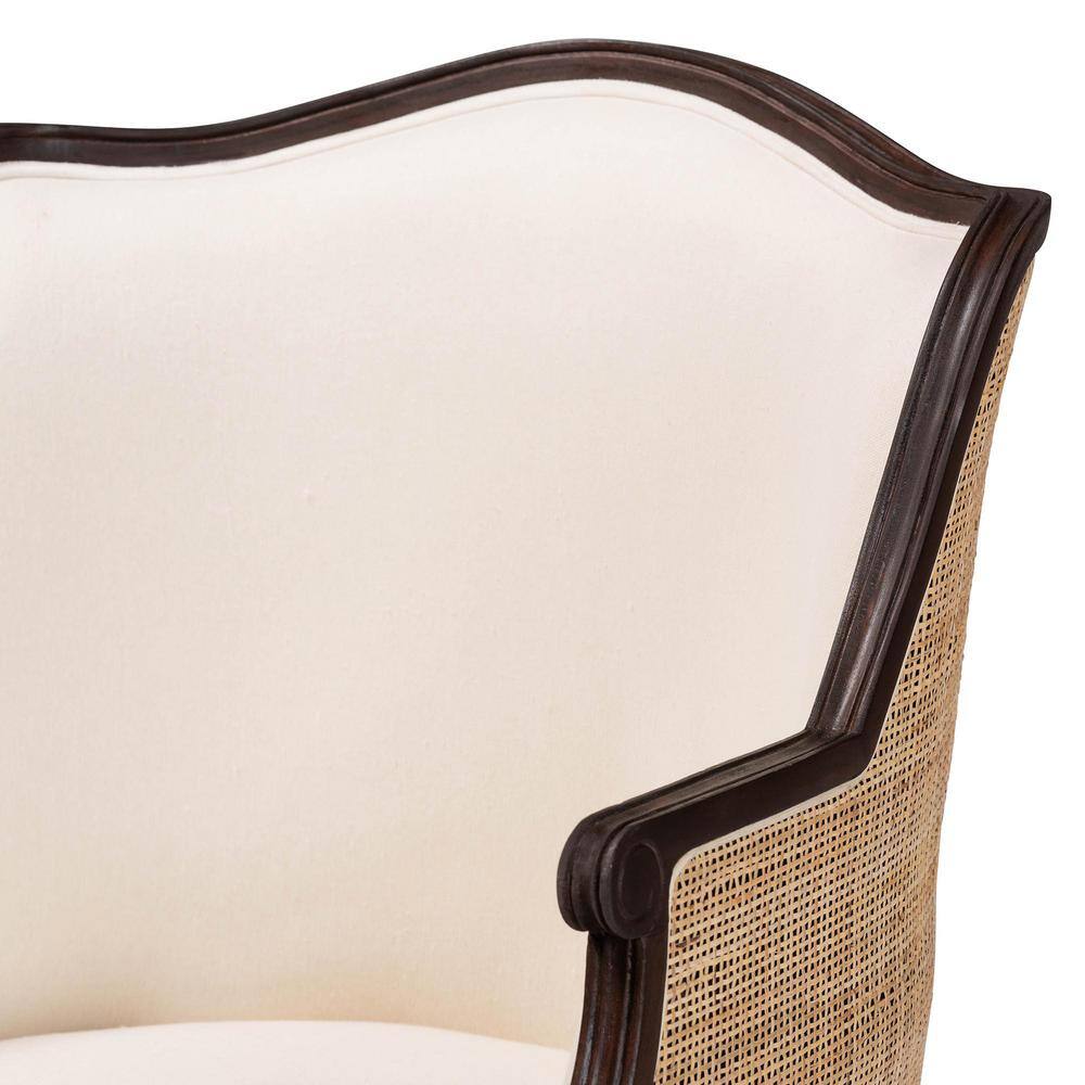 Beige and Dark Brown Carved Wood Accent Chair with Woven Rattan