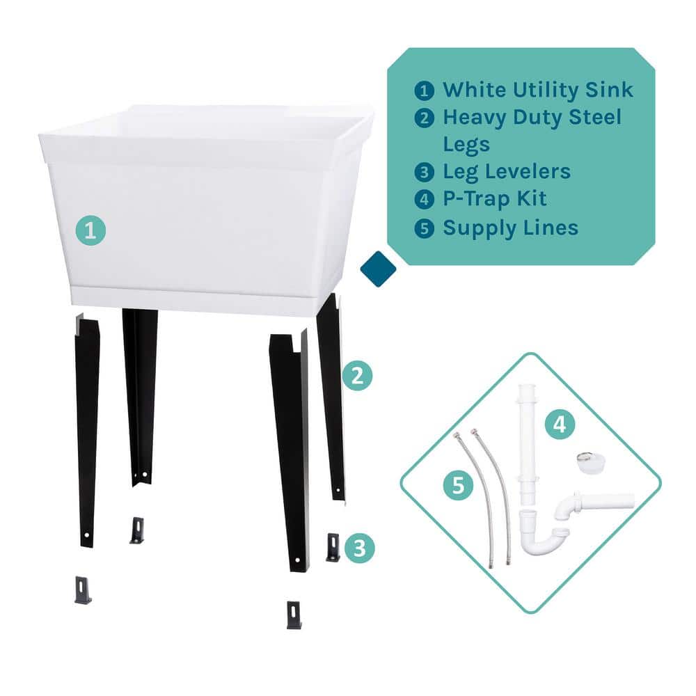 White Freestanding Utility Sink with Black Metal Legs