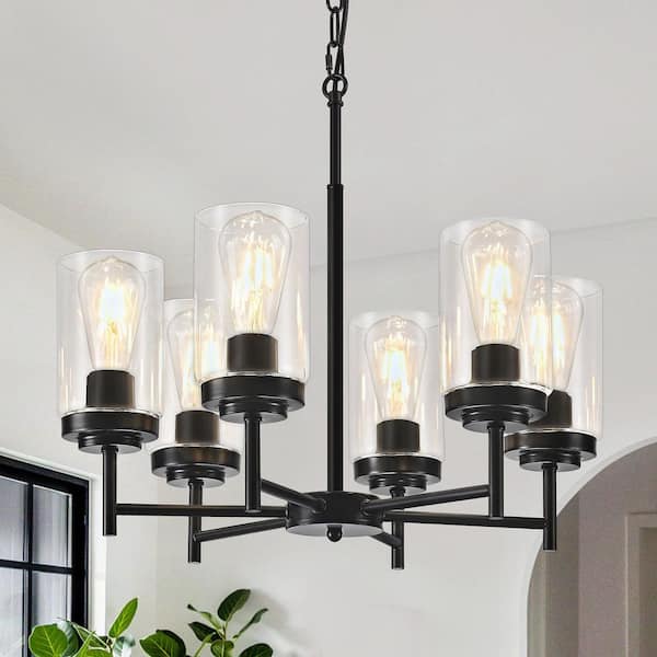ZSMIHDOH 6-Light Modern Farmhouse Black Chandelier with Clear Glass Shade for Kitchen Island Dining Room