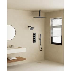 Thermostatic Valve 7-Spray 16 in. and 6 in. Dual Ceiling Mount Shower Head and Handheld Shower 2.5 GPM in Matte Black