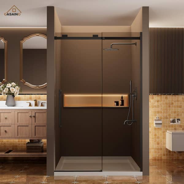 48 in. W x 76 in. H Sliding Frameless Shower Door in Matte Black Finish with 3/8 in.(10 mm) Tempered Clear Glass
