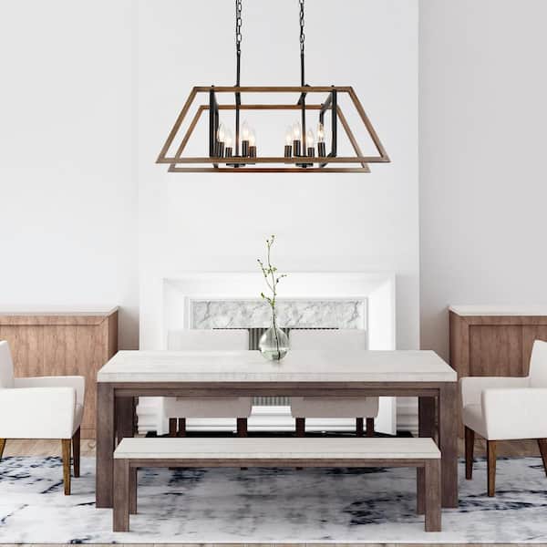 8-Light Black Modern Farmhouse Geometric Island Chandelier with Faux Wood Accent