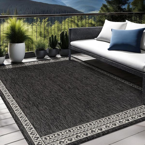 Frame Dark Gray 10 ft. x 14 ft. Geometric Bordered Washable Indoor Outdoor Area Rug