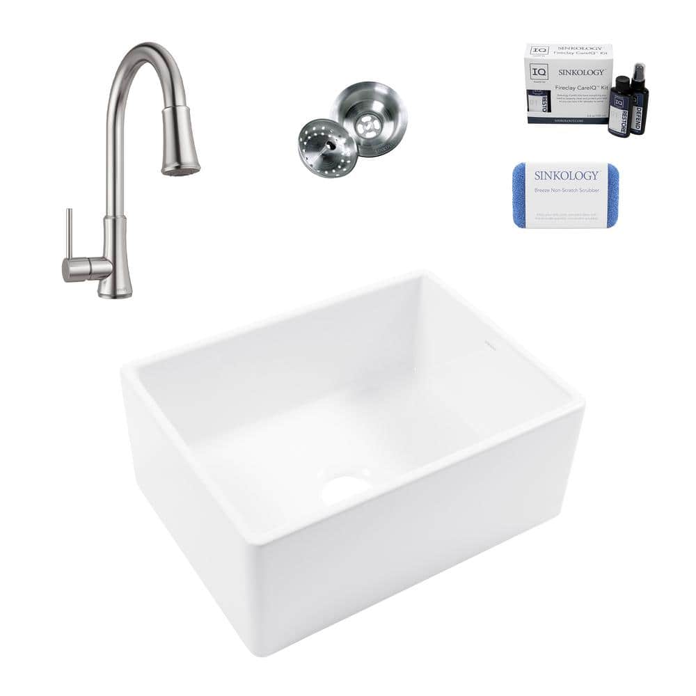 Austen White Fireclay 24" Farmhouse Apron Front Kitchen Sink with Stainless Steel Faucet Kit