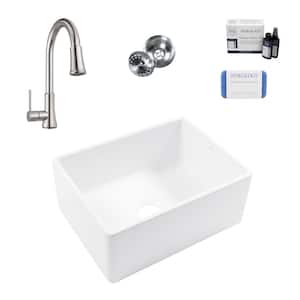 Bradstreet II 24 in. Farmhouse Apron Front Undermount Single Bowl White Fireclay Kitchen Sink with Pfirst Faucet Kit