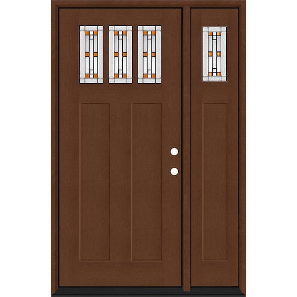 Steves & Sons Regency 51 in. x 80 in. 3Lite Amberton Deco Glass LHIS Chestnut Stain Fir Grain Fiberglass Prehung Front Door w/12in.SL