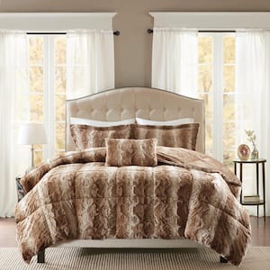 Marselle 4-Piece Tan Animal Print Faux Fur Polyester Full/Queen Comforter Set