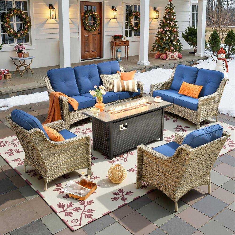 Eureka 5-Piece Wicker Outdoor Fire Pit Patio Conversation Sofa Seating Set with Navy Blue Cushions price history on PriceWatchPro