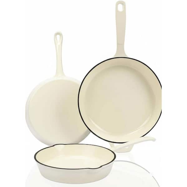3-Piece Cream White Enameled Cast Iron Skillet Set Oven Induction Safe Rust-Proof Coating for All Cooktops