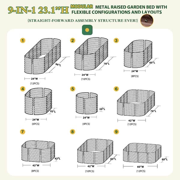 8 ft. x 2 ft. x 2 ft. Galvanized Steel Raised Garden Bed 9-in-1 Planter Box Outdoor, Carbonized