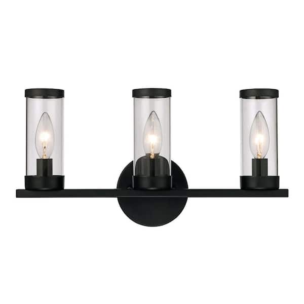 Monteaux Lighting Fillmore 16.5 in. 3-Light Black Bathroom Vanity Light Fixture with Clear Glass Shades