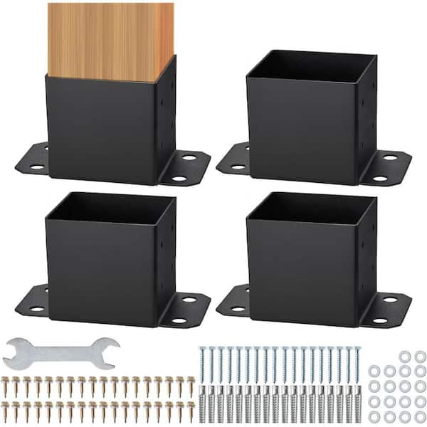 6 in. x 6 in. Heavy Duty Powder-Coated Post Anchor Matte Black Post Base, for Pavilion Deck Railing Support Deck, 4-Pack