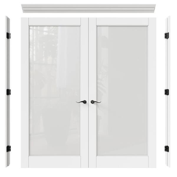 72 in. x 96 in. Universal 1-Lite Frosted Glass White Solid Core MDF French Door Kit with Quick Assemble Jamb