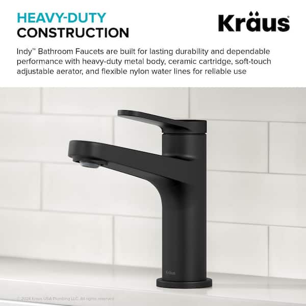 KRAUS Indy Matte Black Bathroom Faucet - Single Handle, Pop-Up Drain, Low Profile Design
