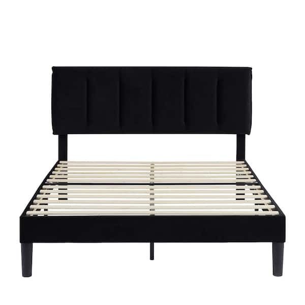 Upholstered Bed Frame Black Metal Frame Queen Platform Bed with Adjustable Headboard Wood Slat No Box Spring Needed