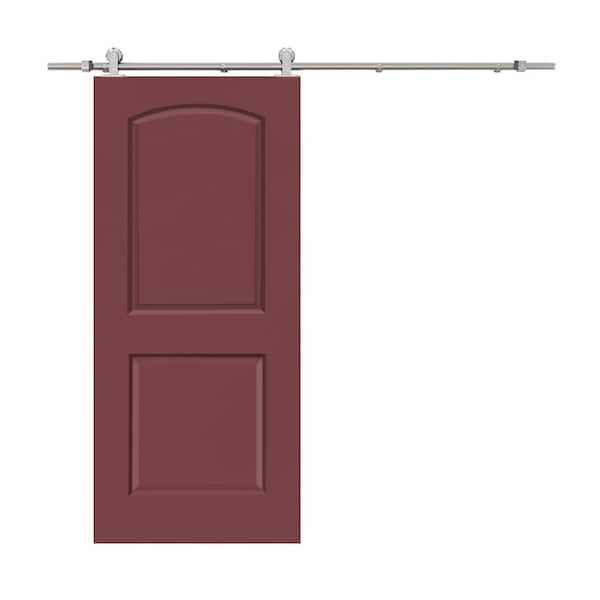 CALHOME 30 in. x 80 in. Maroon Stained Composite MDF 2-Panel Round Top Interior Sliding Barn Door with Hardware Kit