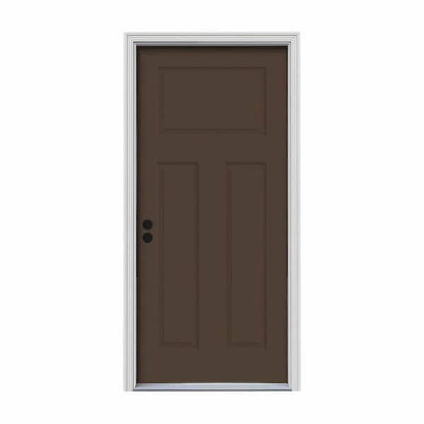 JELD-WEN 30 in. x 80 in. 3-Panel Craftsman Dark Chocolate Painted Steel Prehung Right-Hand Inswing Front Door w/Brickmould