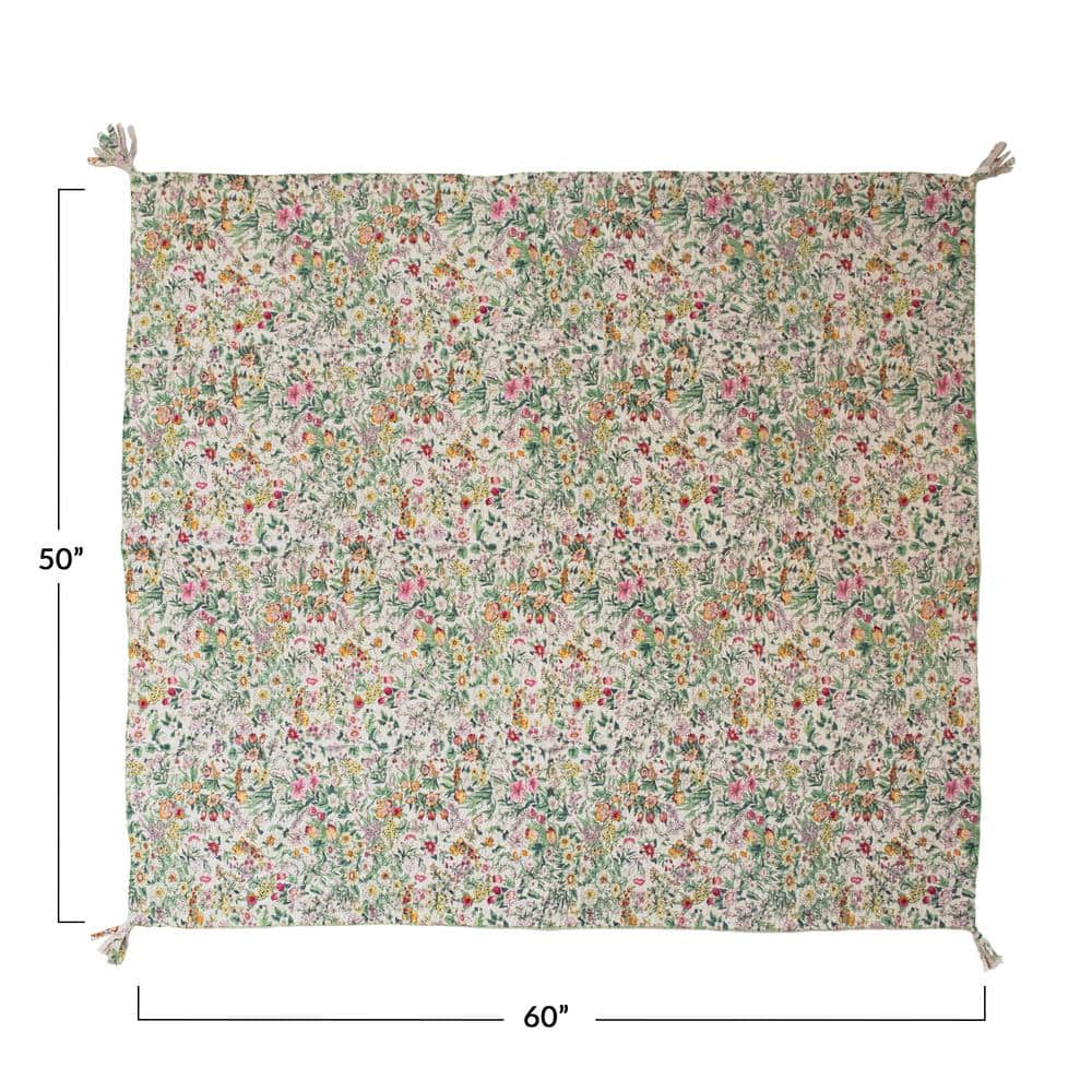 Multicolor Quilted Cotton Floral Throw with Tassels, 60" x 50"
